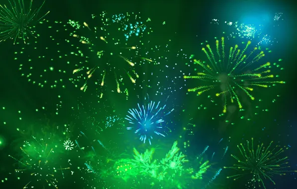 Salute, fireworks, green background, flash
