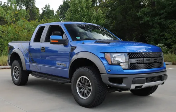 Trees, blue, background, Ford, Ford, jeep, SUV, Raptor