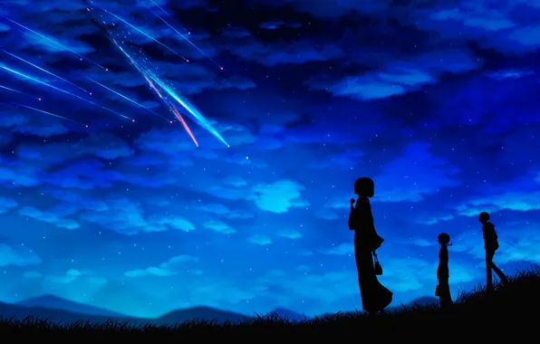 Picture the sky, stars, clouds, night, girls, anime, guy, shooting star