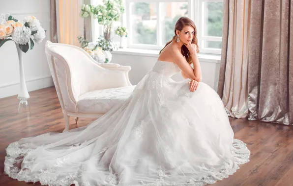 Picture flowers, pose, room, chair, makeup, dress, window, hairstyle