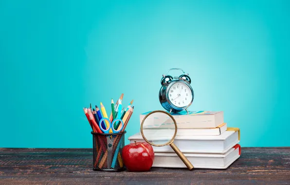 Table, background, watch, books, Apple, pencils, alarm clock, magnifier