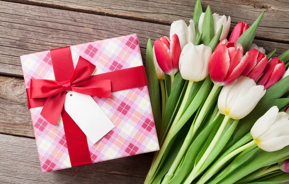 Flowers, gift, bouquet, tulips, red, love, white, wood