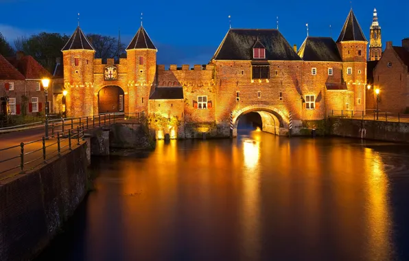 Night, bridge, lights, channel, Netherlands, Amersfoort, gate Koppelpoort