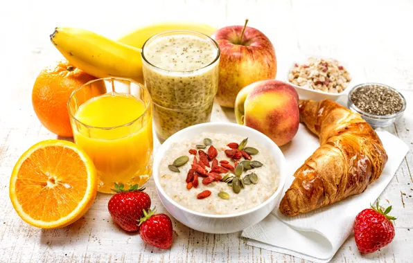 Breakfast, strawberry, juice, fruit, croissant, oatmeal