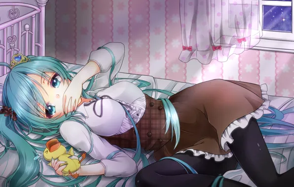 Picture girl, room, bed, anime, art, vocaloid, hatsune miku, duck