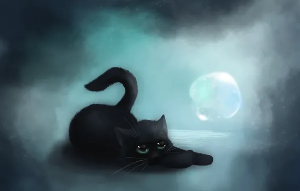 Picture cat, art, black, bubble, lying, VanillaKeyblade