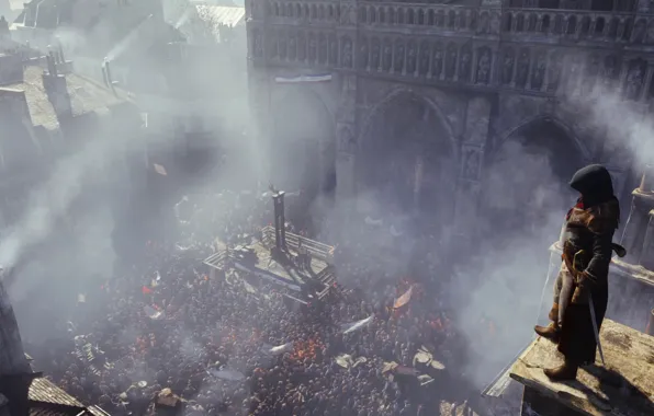 Smoke, the crowd, assassin, Assassin's Creed: Unity, Assassin's Creed: Unity, Arno Dorian, the French revolution