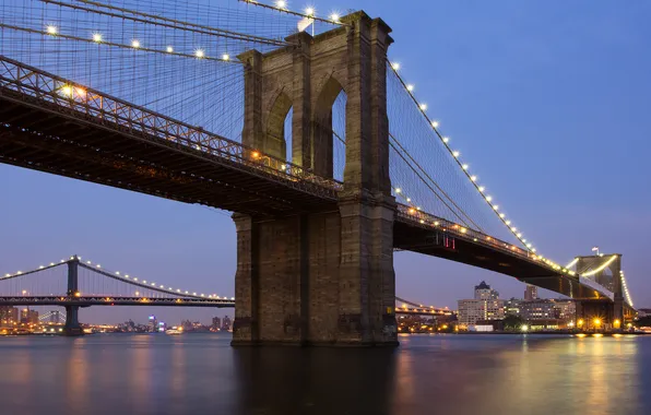 Picture water, bridge, lights, new York, Manhattan, new york, manhattan, Brooklyn bridge