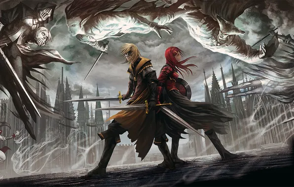 Girl, mask, Guy, the battle, shield, swords