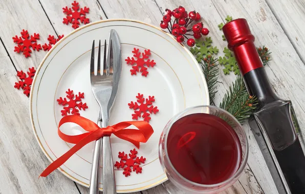 Snowflakes, branches, red, berries, wine, glass, bottle, tree