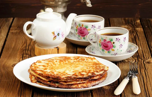 Tea, kettle, Cup, pancakes, cakes, carnival