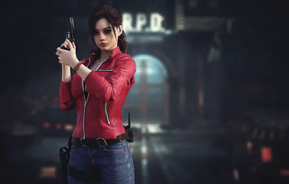 Girl, gun, gate, brown hair, cute, Claire Redfield, Claire Redfield, Resident Evil 2 Remake