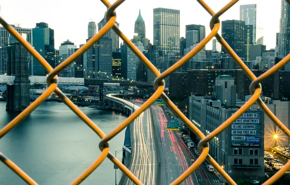 Road, bridge, the city, mesh, skyscrapers, grille