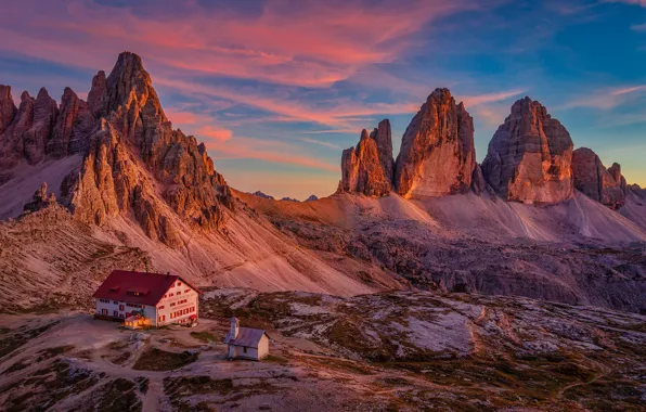 The sky, sunset, mountains, rocks, the slopes, the evening, house, The Dolomites
