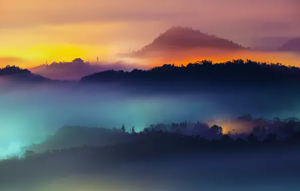 Picture rainbow, house, forest, trees, sunset, sun, fog, hills