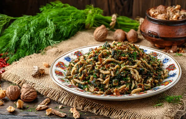 Table, mushrooms, food, dill, plate, bowl, napkin, dish