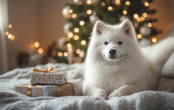 Look, lights, dog, Christmas, gifts, New year, lies, white