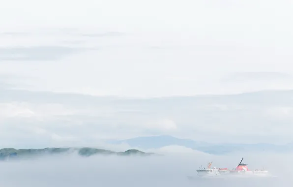 Picture the sky, clouds, mountains, ship, minimalism