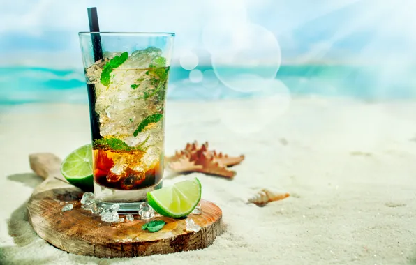 Picture ice, sea, beach, cocktail, lime, tube, shell, ice