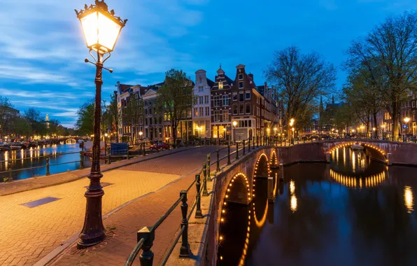 River, street, building, home, the evening, Amsterdam, lights, channel