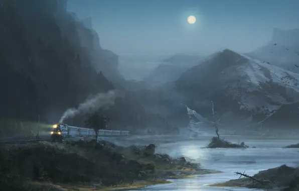 Mountains, birds, night, lake, the moon, Train