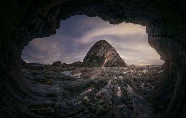 Clouds, rocks, shore, view, cave, pond