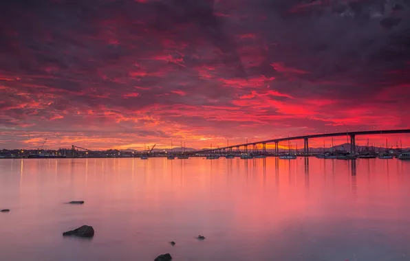 The sky, water, clouds, bridge, the city, yachts, boats, port