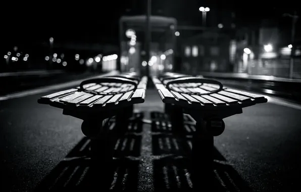 Picture light, bokeh, shadows, benches, grayscale