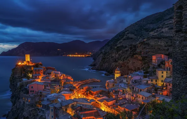 Sea, mountains, night, lights, stones, rocks, coast, home