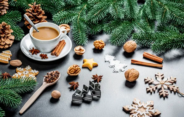 Branches, tree, coffee, Cup, New year, drink, nuts, cinnamon