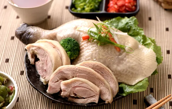 Greens, chicken, meat, Asian cuisine