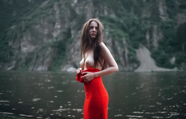 Girl, Red, Boobs, Model, Beauty, Mana, Lake, Dress
