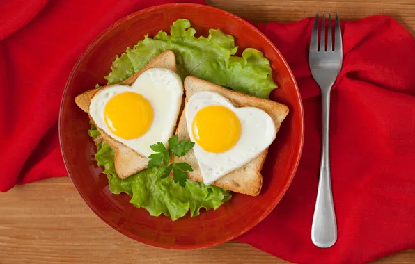 Greens, creative, table, eggs, heart, plate, bread, plug