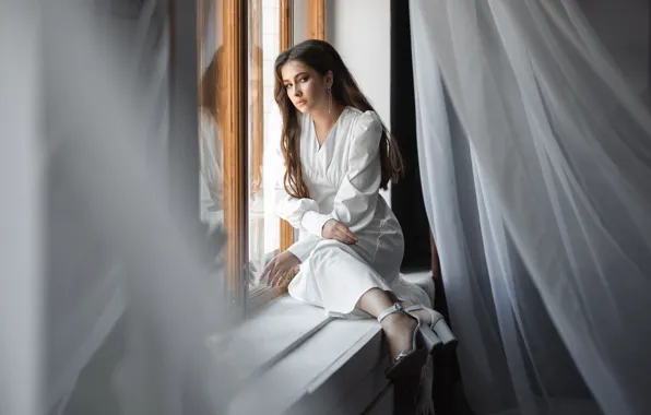 Look, girl, dress, window, shoes, sill, brown hair, curtains