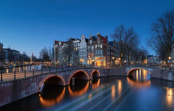 Bridge, lights, the evening, Netherlands, Amsterdam, Holland