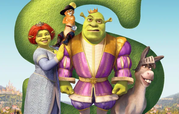 Picture green, Shrek, cartoon, crown, Ogre, puss in boots, donkey, Puss in Boots