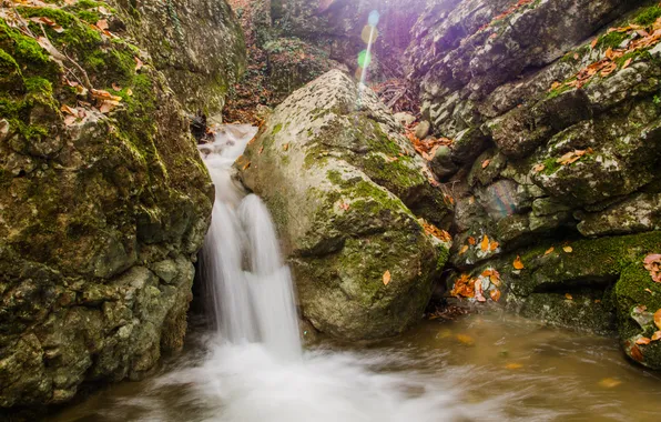 Picture water, glare, stones, waterfall, moss