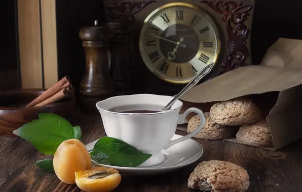 Tea, watch, cookies, cinnamon, apricot