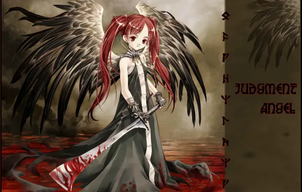 Death, smoke, sword, baby, art, black wings, evaporation, a pool of blood