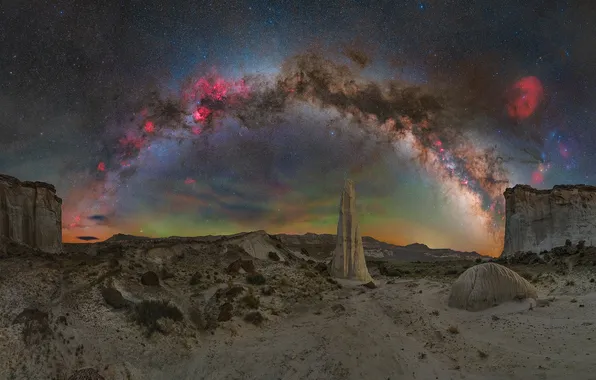 The sky, space, stars, night, stones, tree, rocks, desert
