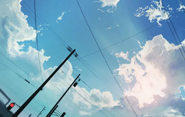 The sky, clouds, traffic light, power lines