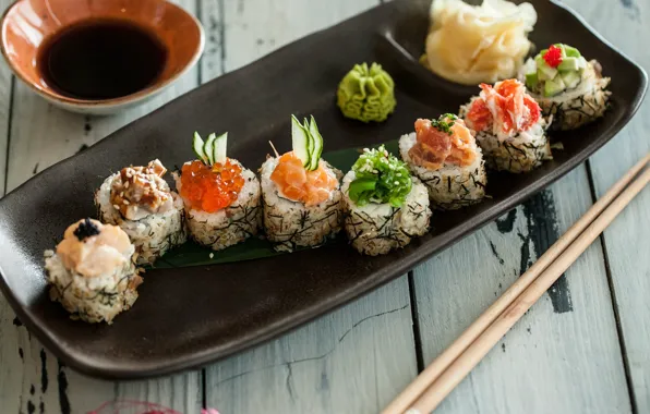 Fish, figure, sauce, rolls, ginger, wasabi