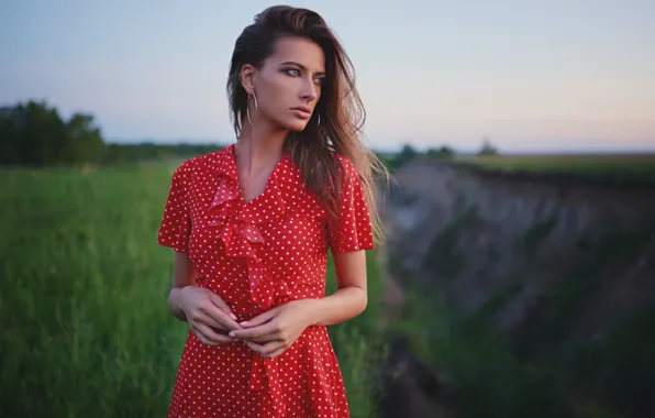 Girl, pose, red dress, nature, polka dot, Sergey Fat, Sergey Zhirnov, Alexander Chashchina