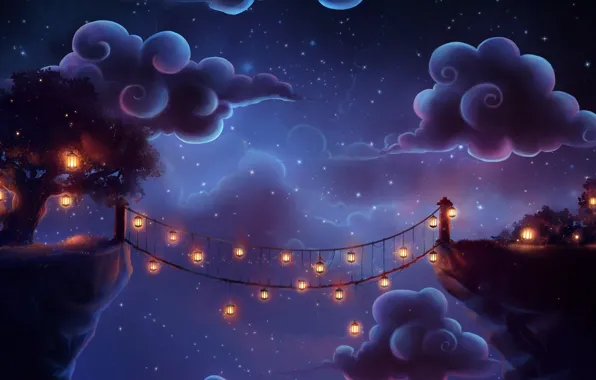Clouds, night, bridge, tree, art, lights, trenchmaker