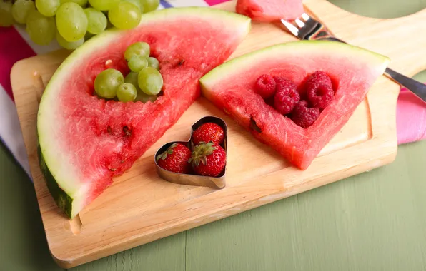 Berries, raspberry, heart, watermelon, strawberry, grapes, Board