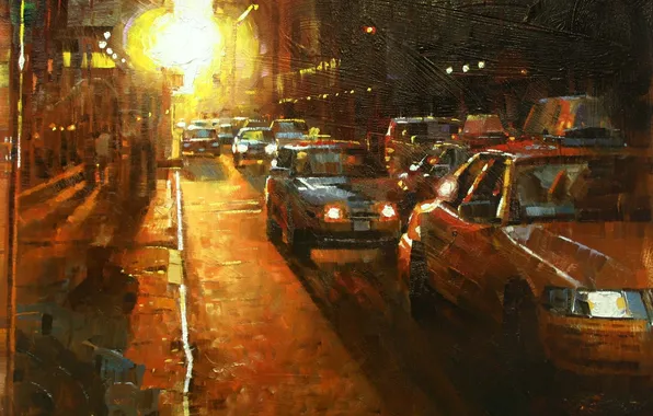 Picture road, light, the city, lights, picture, the evening, art, taxi