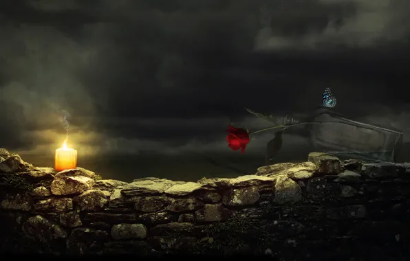 Flowers, night, red, clouds, butterfly, roses, candles, bottle