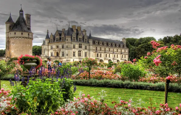 Flowers, Park, castle, France, tower, garden, architecture, France