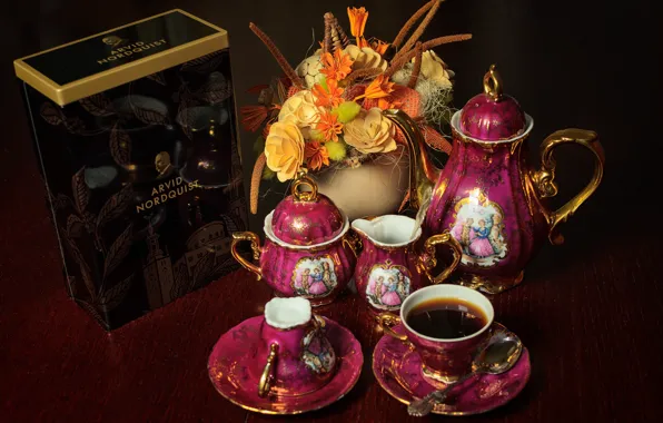 Picture flowers, coffee, bouquet, tea, Madonna service