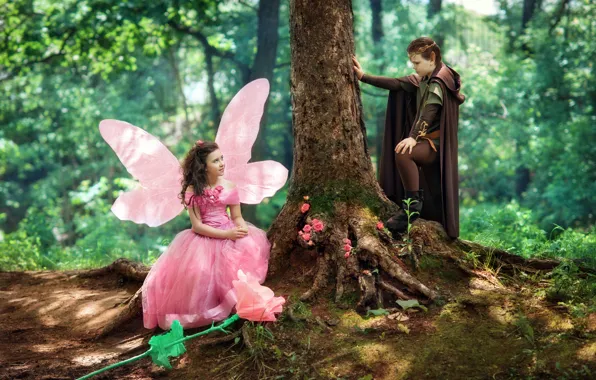 Forest, flowers, tree, wings, dress, fairy, girl, outfit